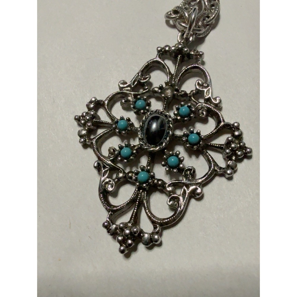 T20249-Vintage 1974 Avon Mirabella Necklace Faux Turquoise Hematite Silver Tone